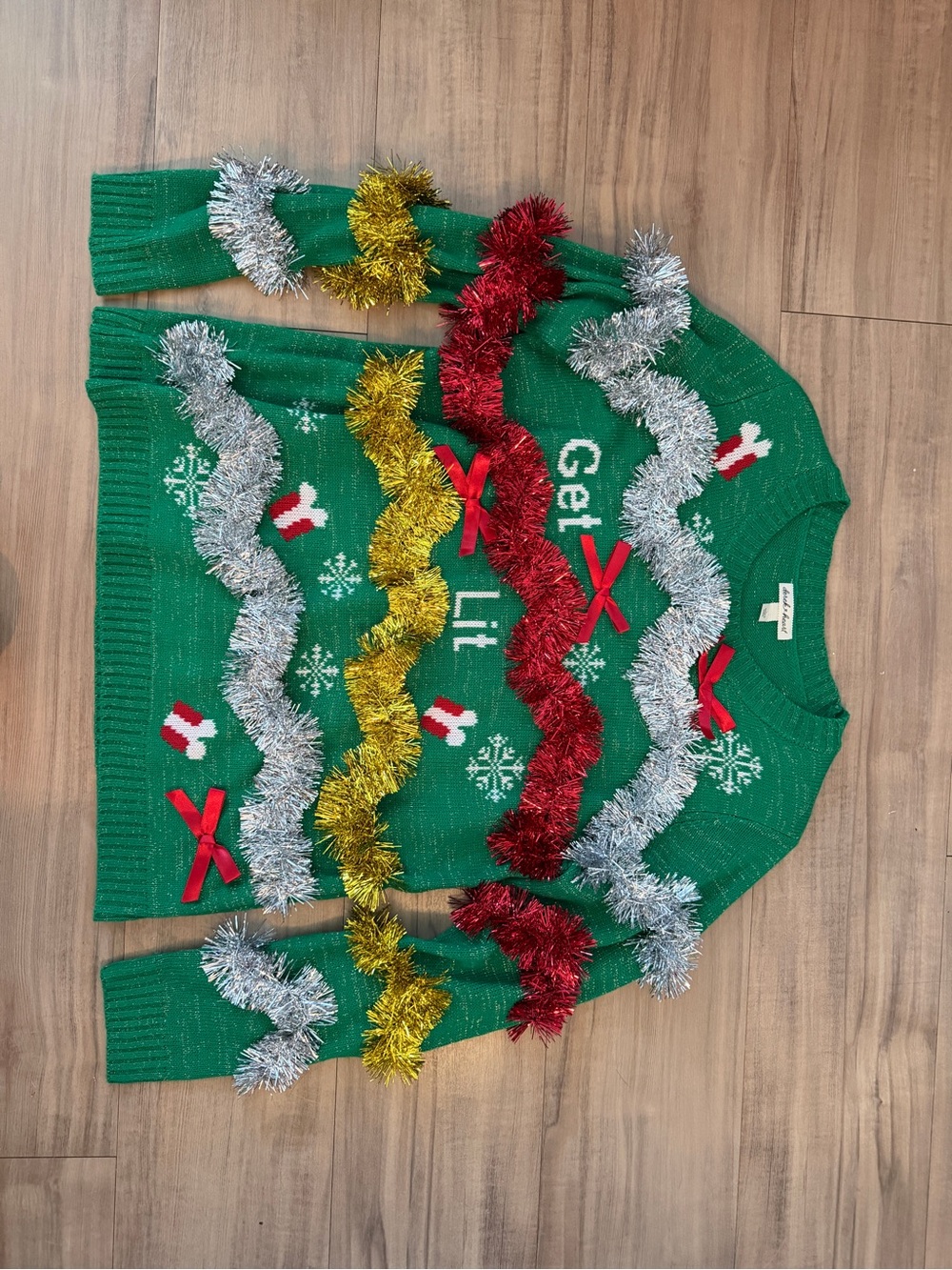 Target Green "Get Lit" Holiday Sweater with Red, Silver & Gold Tinsel